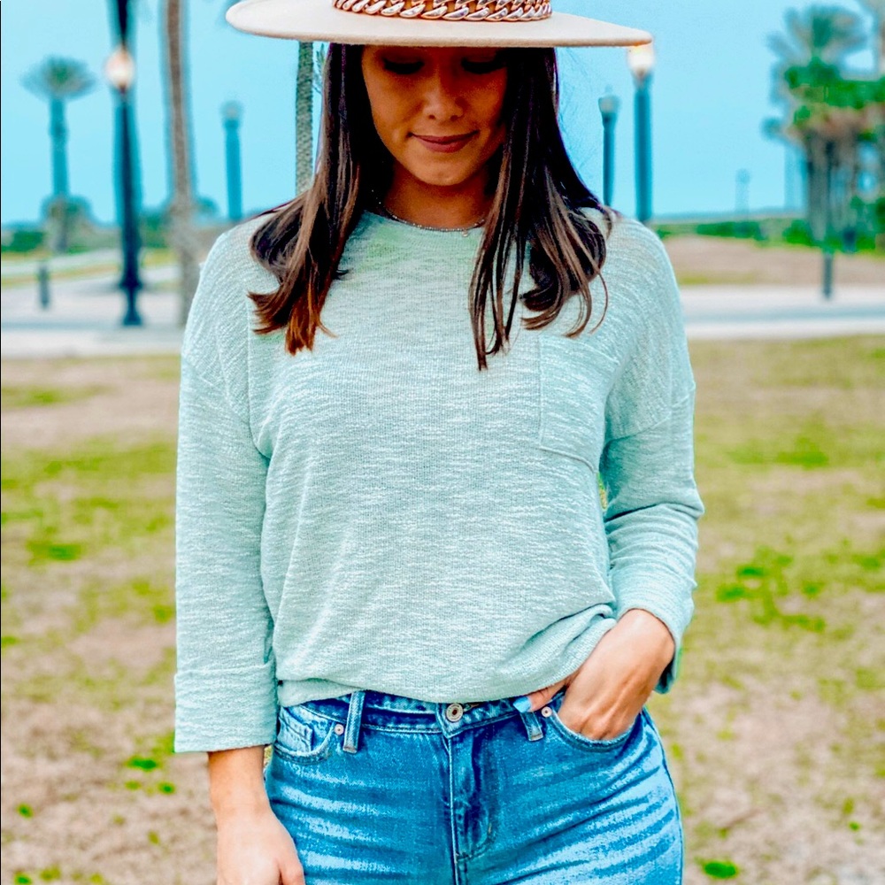Cherish- Knit Front Pocket Top in Sage